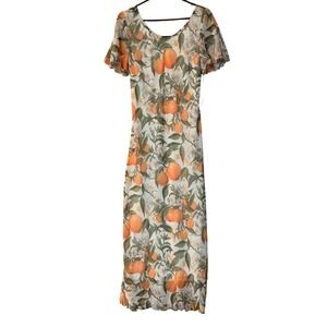 Isaac Mizrahi NY Orange Blossom Floral Maxi Dress Medium Sheer Flutter Sleeve